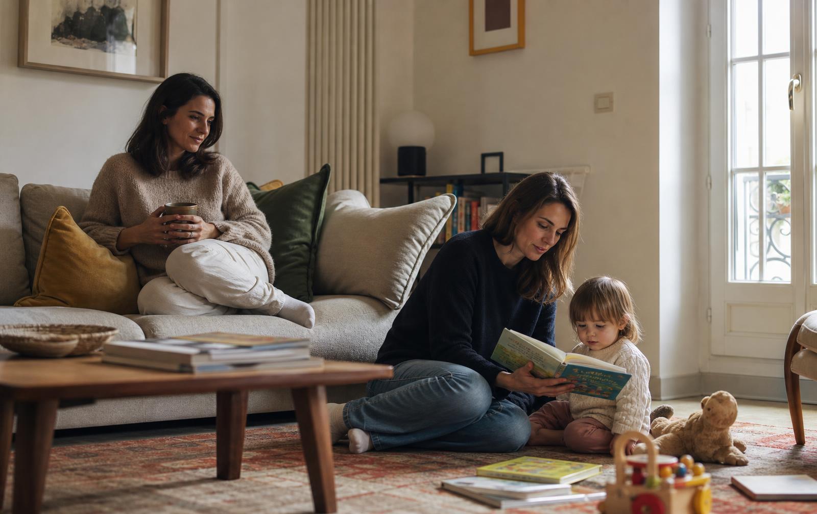Una mamma seduta sul divano con una tazza di tè mentre la sua Angel legge un libro illustrato con il bambino sul tappeto.